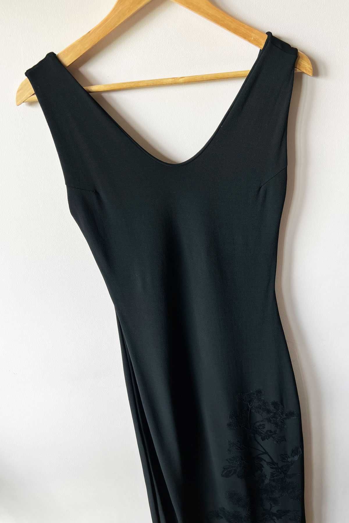 Ange Paris dopasowana czarna sukienka maxi dress dekolt floral 36 S