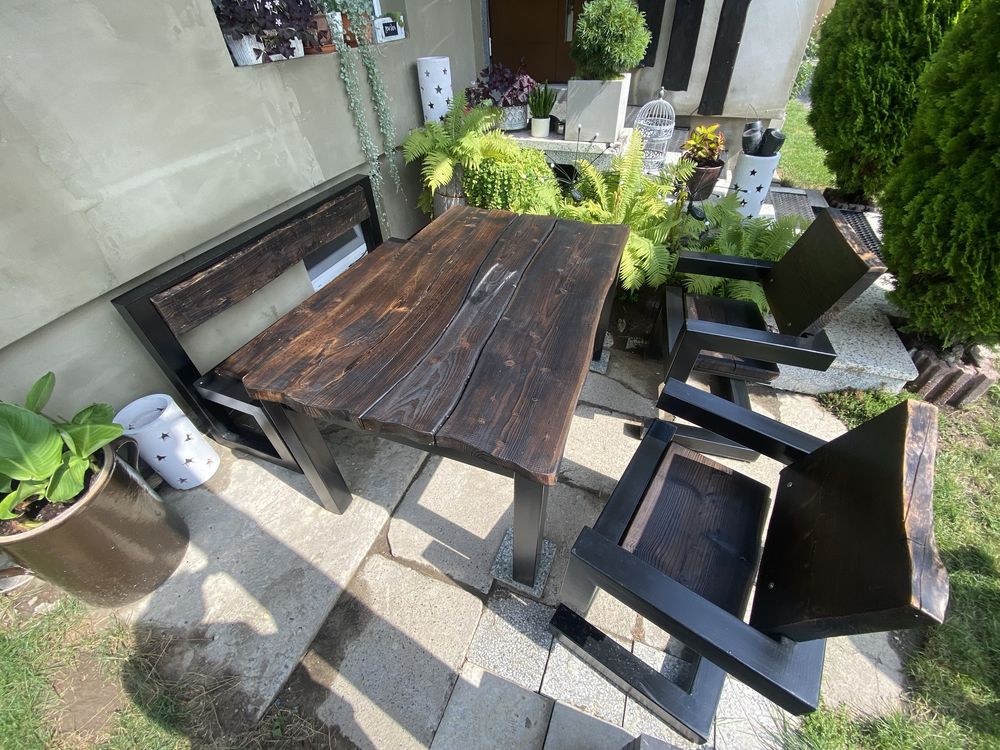Stół ogrodowy LOFT, krzesła + ławka. Drewno.