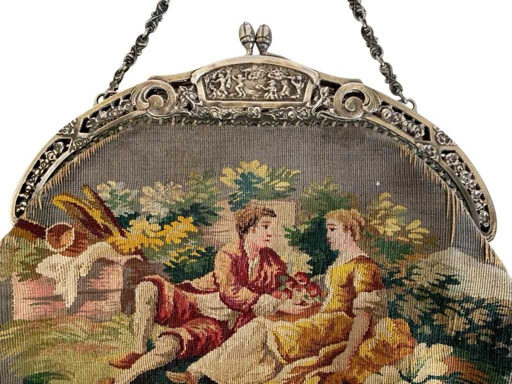 Dawna Kolekcjonerska Torebka Tkanina Aubusson Zdobna Ramka Srebro