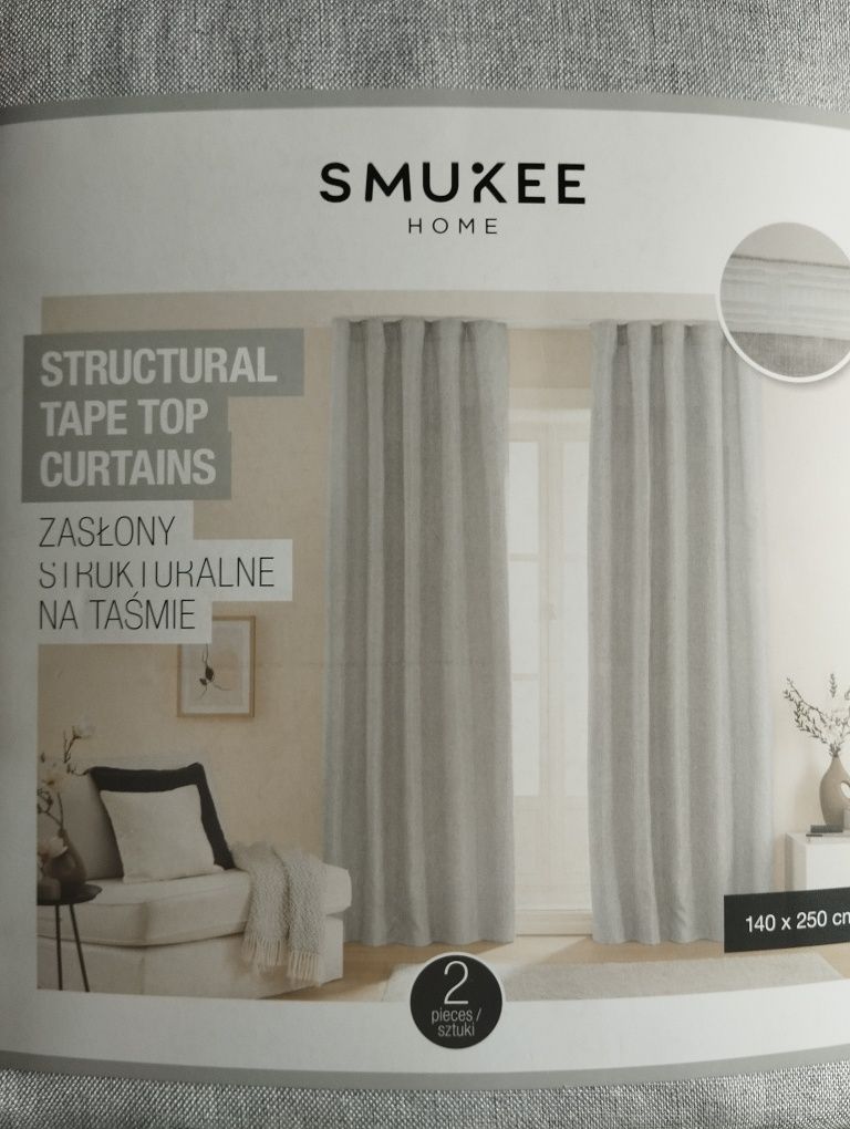 2 zasłony szare styl boho ala len taśma Smukee 2x zasłona
