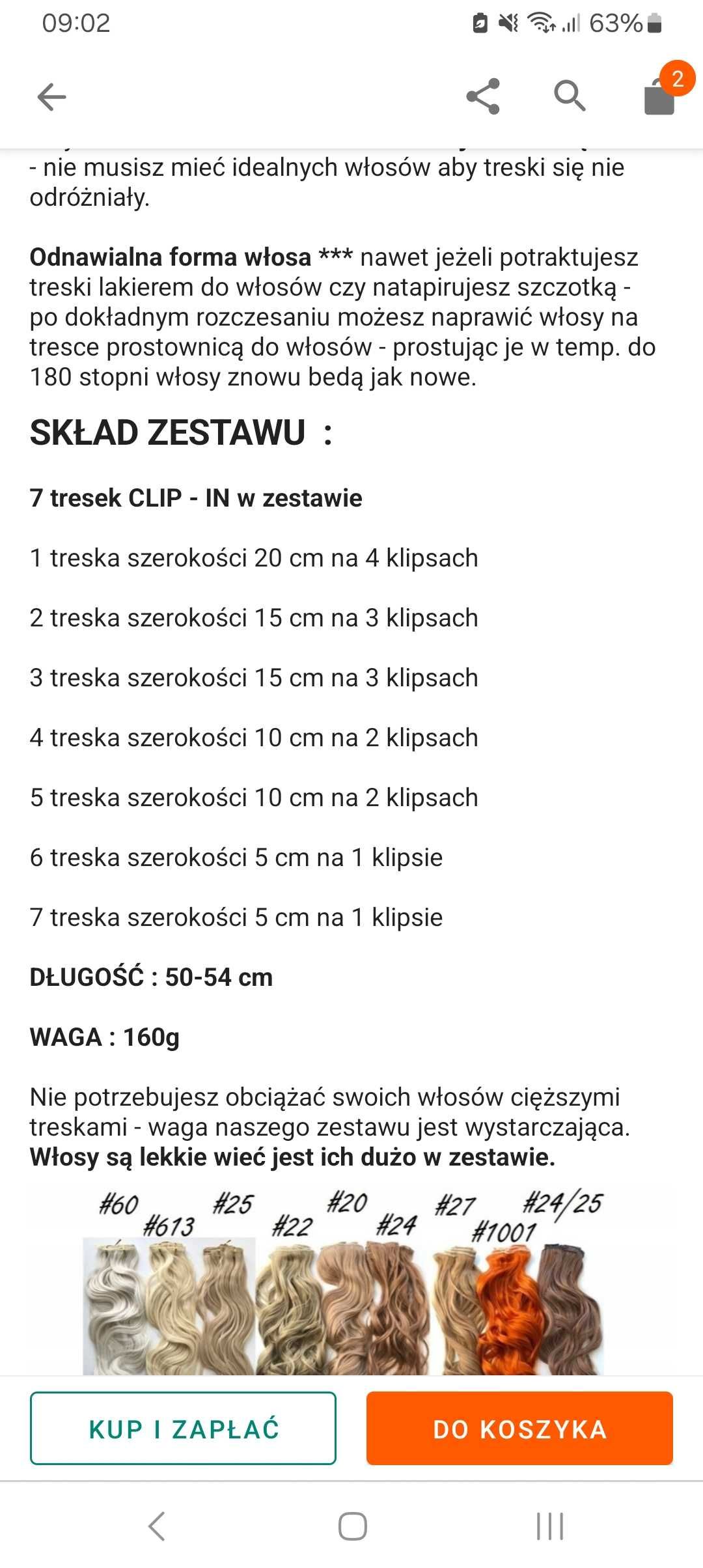 Doczepiane włosy brązowe ZESTAW Clip in Fale peruka