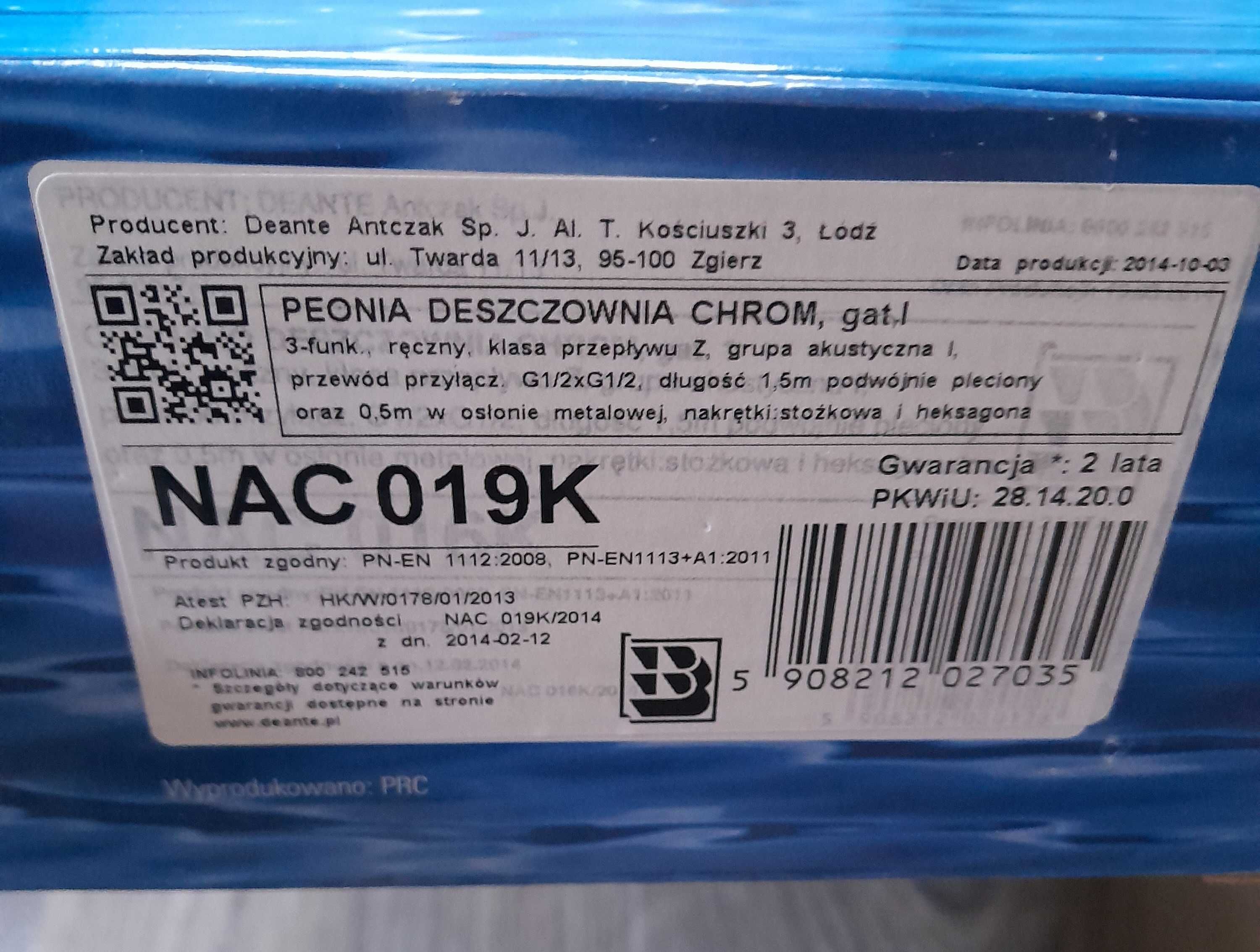 Zestaw prysznicowy Deante deszczownia Peonia NAC019K