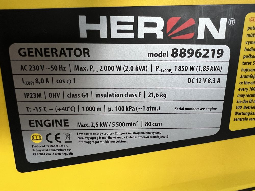 Генератор HERON 1ф 2,0- кВт інверторна бензинова електростанція Чехія