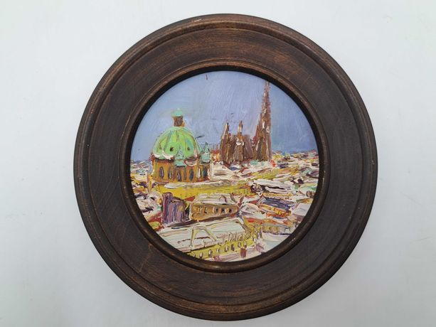 Obraz obrazek w drewnianej brązowej drewnianej ramce okrągły miasto