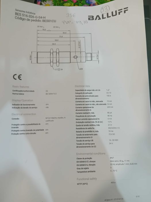 Sensor indutivo 18mm pnp 24vdc BALLUFF