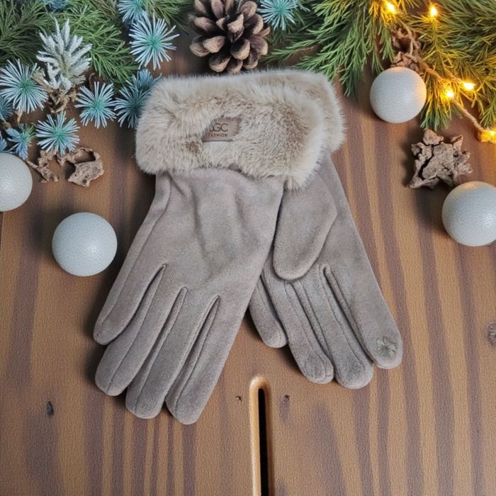 Beżowe rękawiczki damskie LGC Fashion z futerkiem eleganckie zimowe