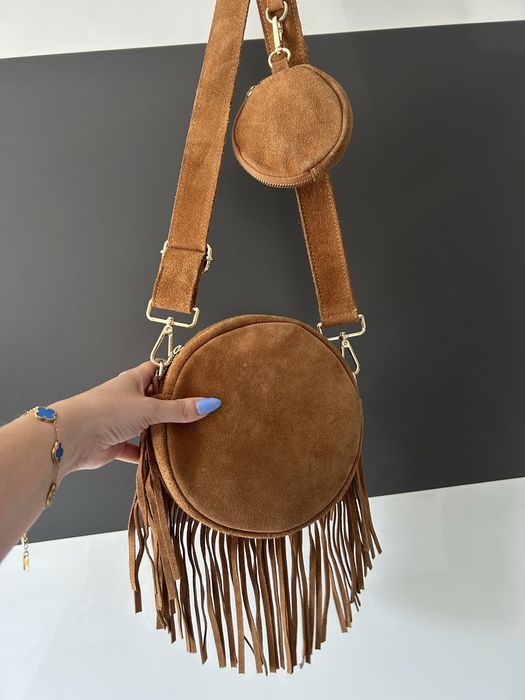 Torebka frędzle ze skóry naturalnej zamszowej kolor camel