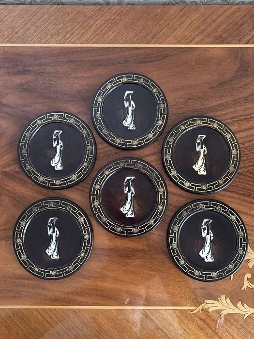 Бирдекели подставки под чашки бокалы Япония винтаж перламутр дерево