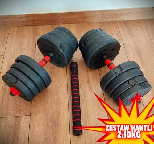 NOWY ZESTAW HANTLI ze sztangą łączoną 2x10kg 20kg hantle bitumiczne