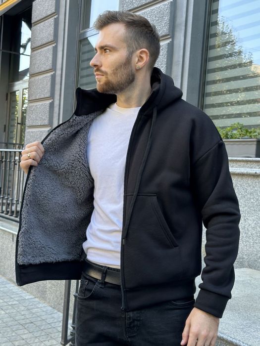 Чоловіча зимова кофта на хутрі з капюшоном 42-56 S M L Xl 2XL чорна