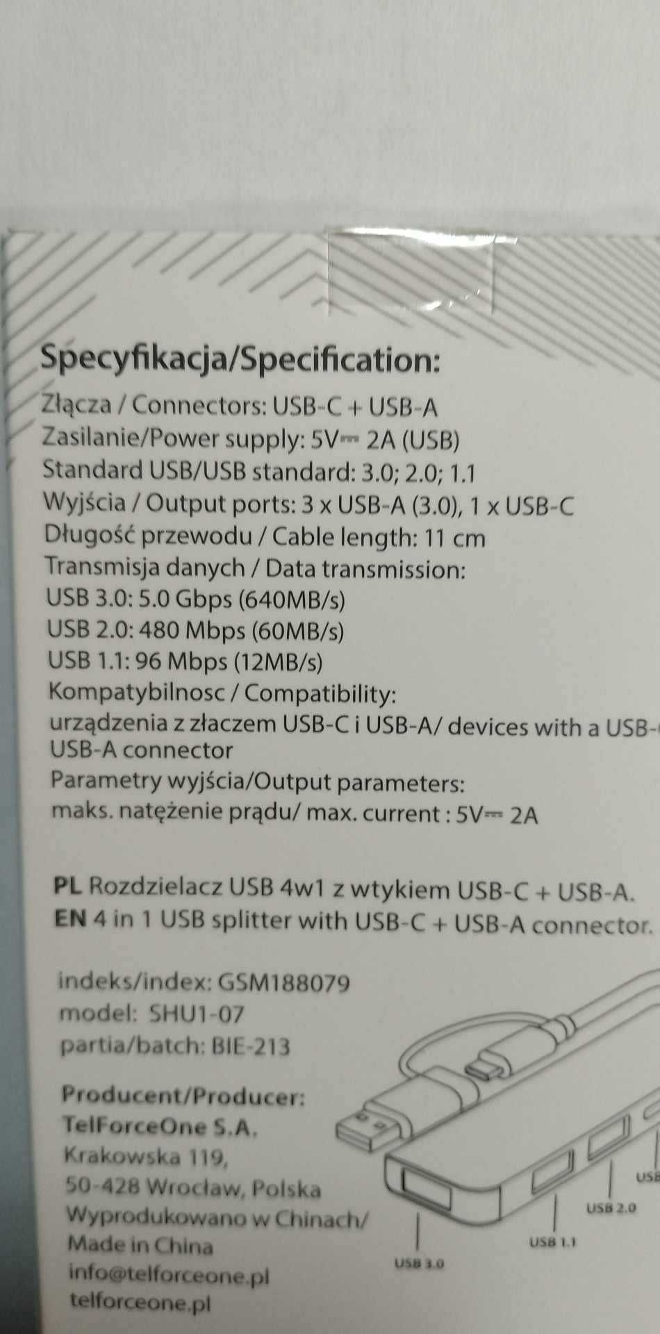 Rozdzielacz USB HUB 4w1 z wtykiem USB-C + USB