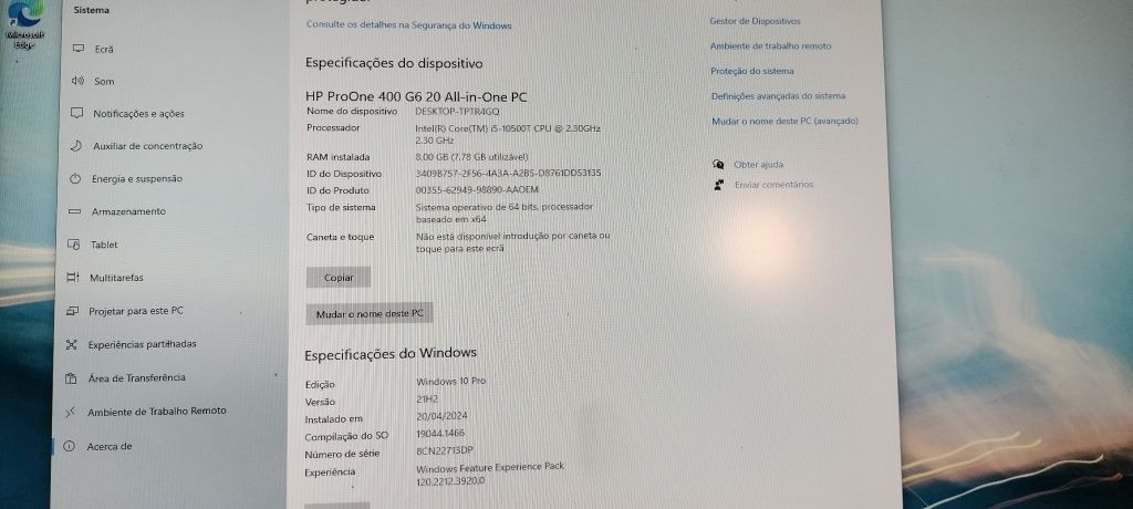 HP ProOne 400 G6 Intel Core i5-10500T/8GB/256GB SSD/23.8