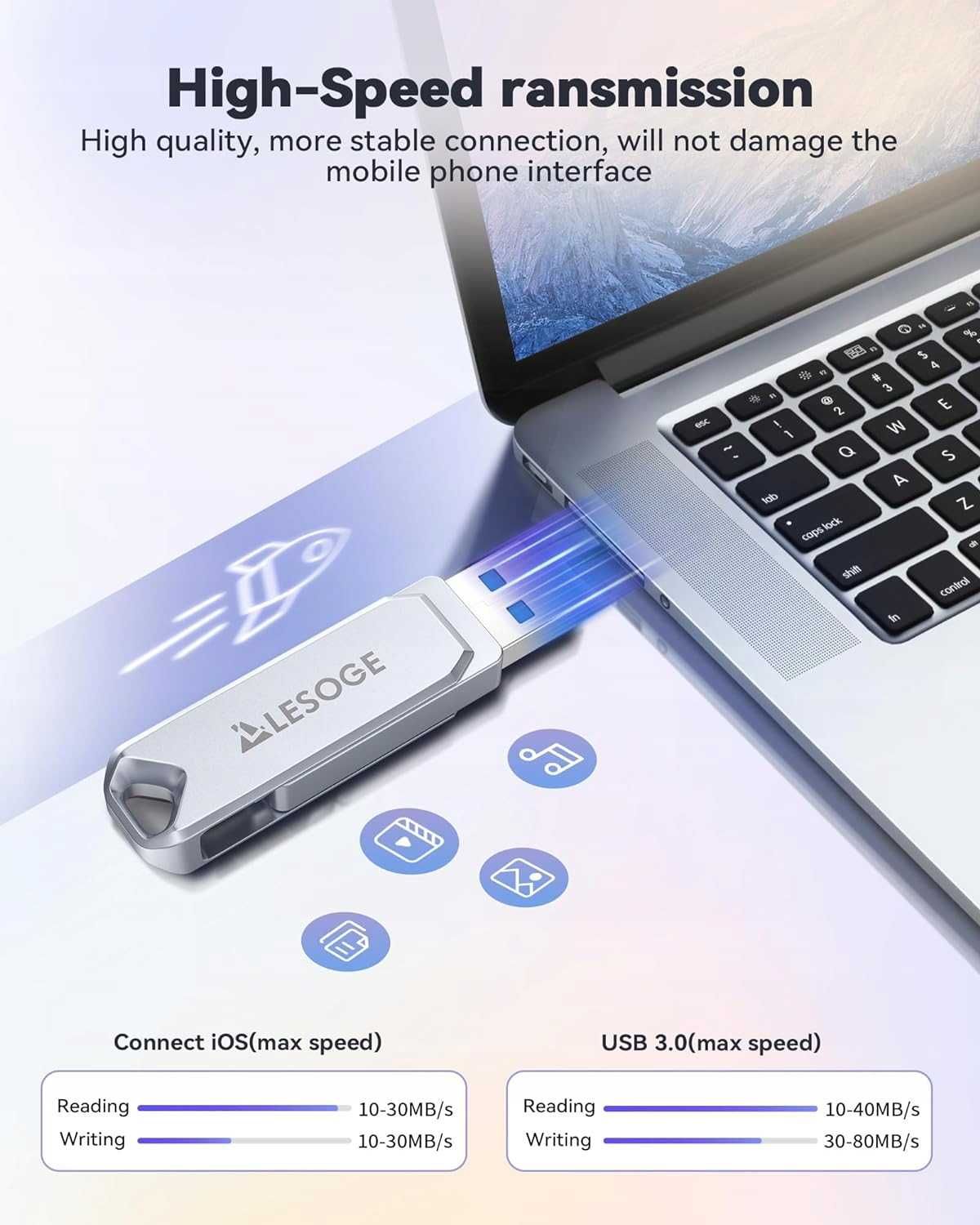 Pendrive LESOGE 256GB Lightning USB 3.0 USB-C APPLE MFI Certified