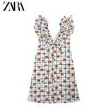 ZARA krótka sukienka z nadrukiem i falbankami francuskimi