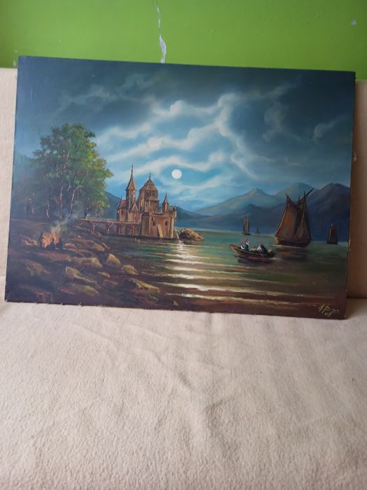 Obraz duży ręcznie malowany 1987 rok wymiary 85 cm na 62 cm WARTO !!
