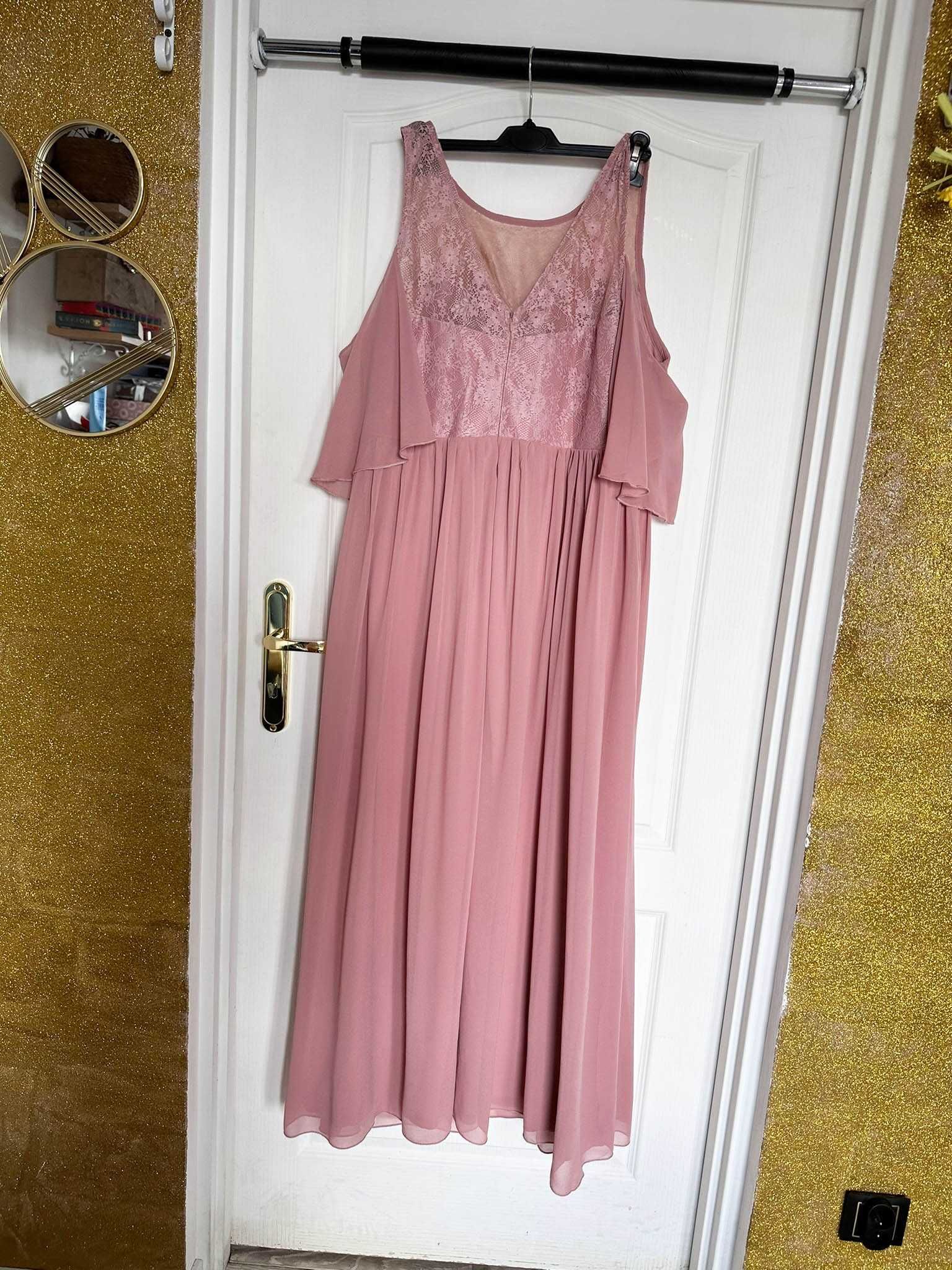 Różowa sukienka maxi z koronką 48 50