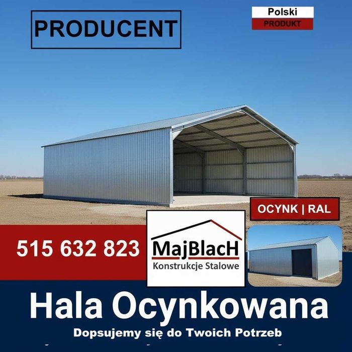 Garaż Blaszany OCYNKOWANY| Konstrukcja Stalowa| Duża Hala - Maj-Blach