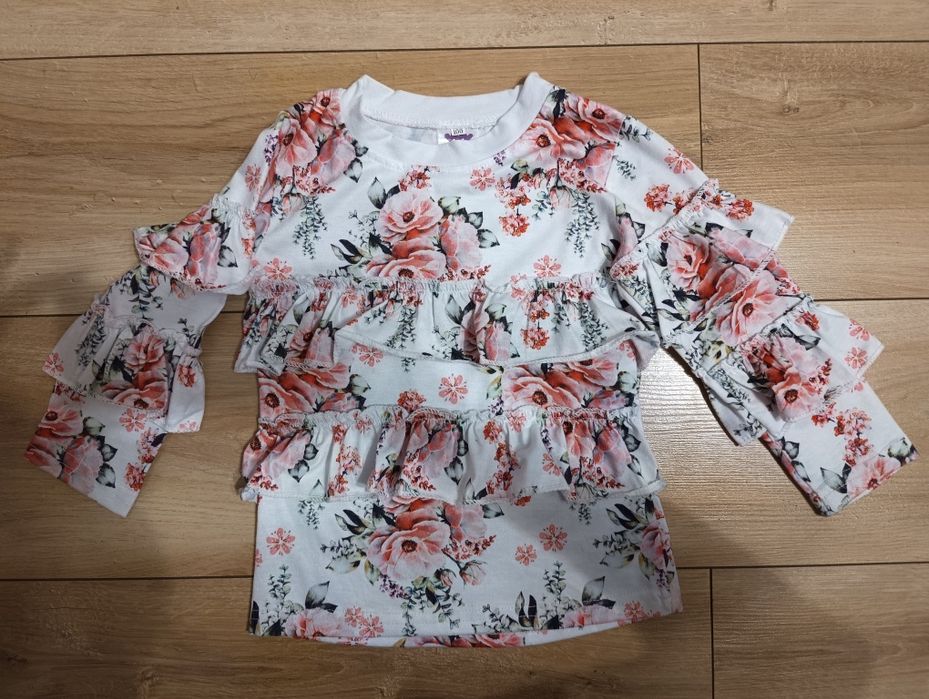 Komplet bluza + spodnie kwiaty falbanki koronka