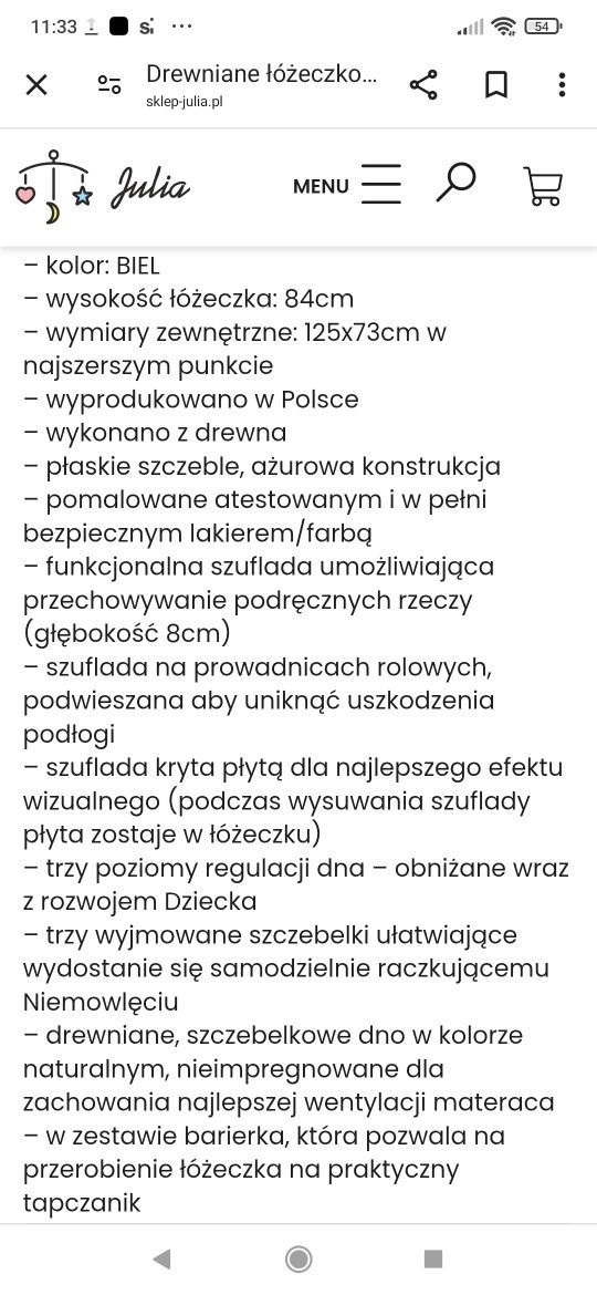 Łóżeczko drewniane białe JULIA 120/60, materac, prześcieradło,przyborn