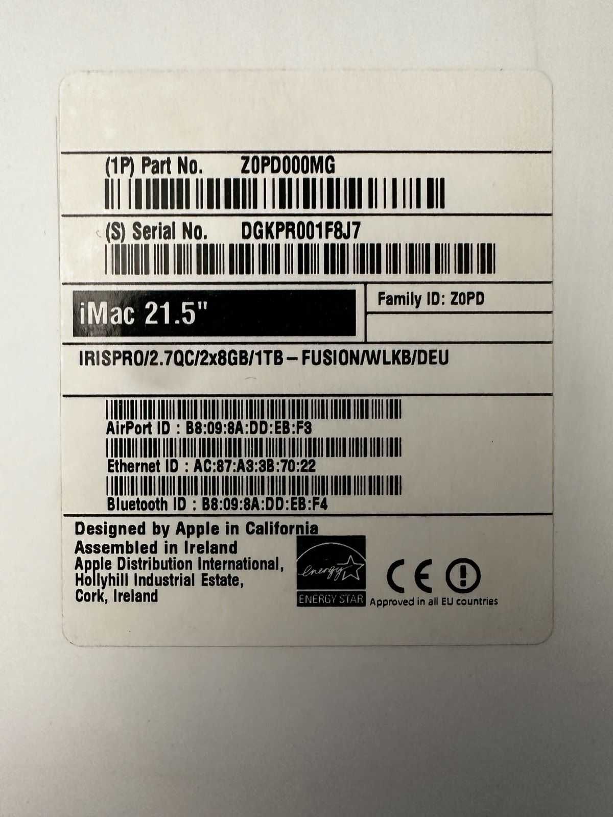Apple iMac 21,5”  Koniec 2013 2,7 Ghz i5 16GB RAM
