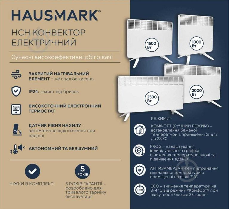Конвектор электрический HausMark HCH 2500 CMG настенный