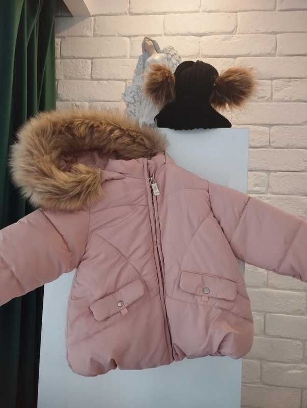 Kurtka Zara puder r 80 9/12 mcy czapka czarna pompon rekawiczki h&m