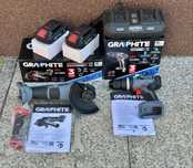 Szlifierka aku Graphite + Wkrętarka Graphite + 2x Aku 2.0Ah + Ład