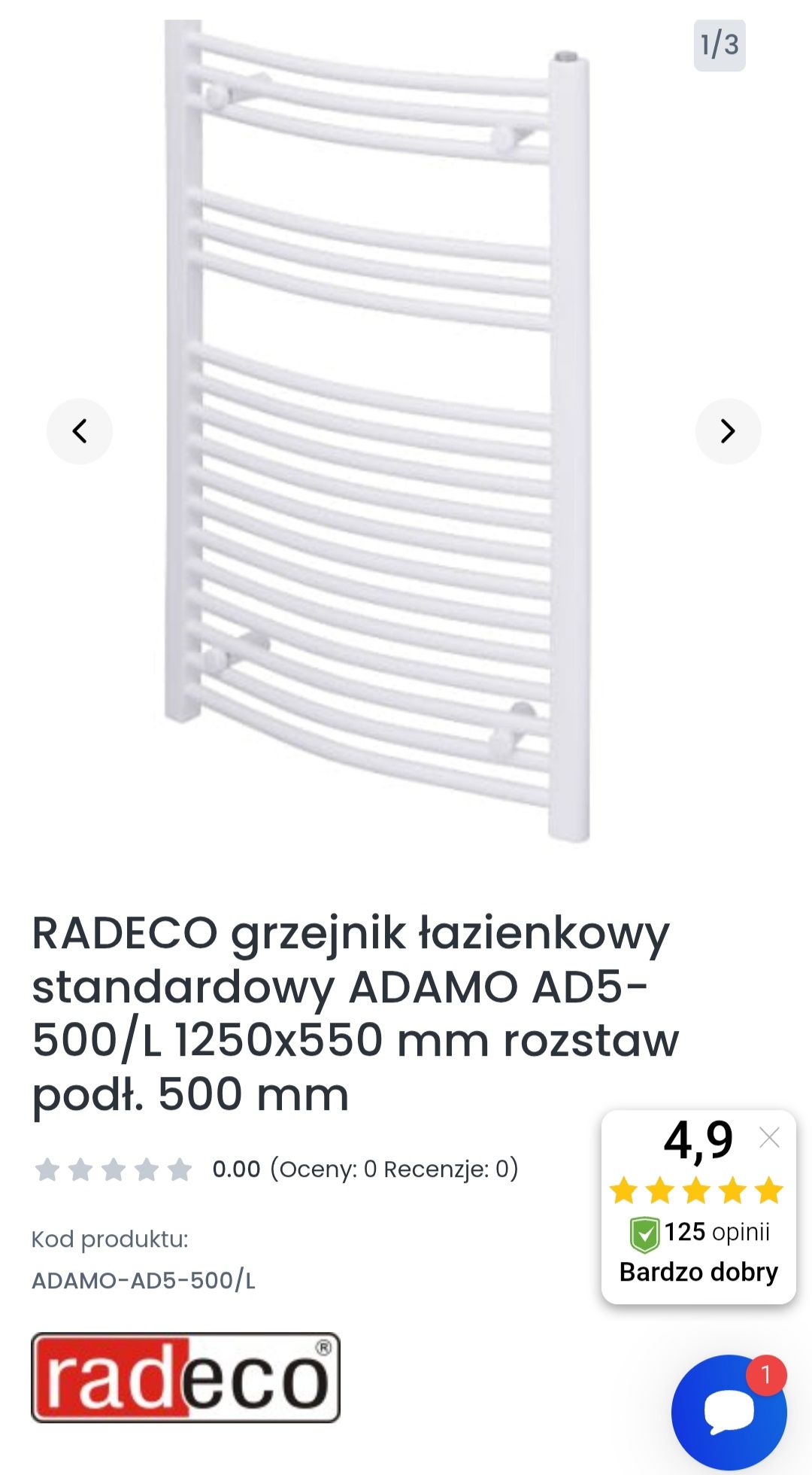 RADECO grzejnik łazienkowyADAMO AD5-500/L 1250x550 mm rozstaw 500 mm