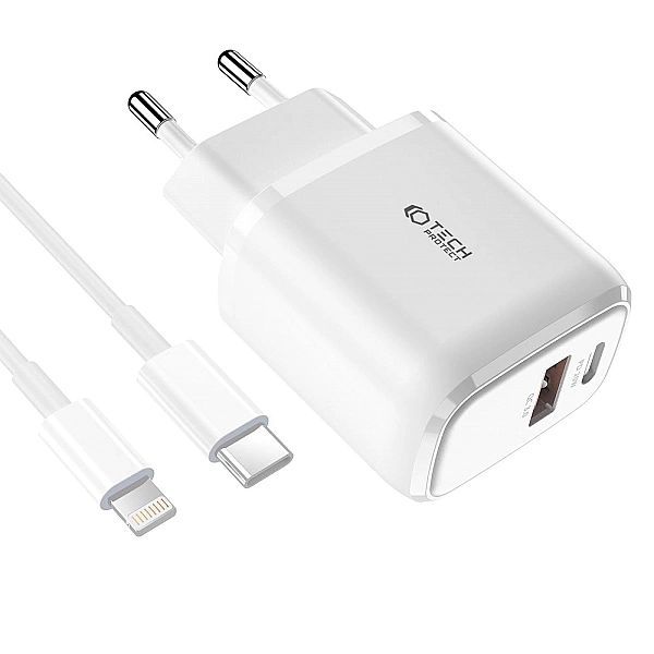 Tech-protect C20w 2-port Network Charger Pd20w/qc3.0 + Lightning Cable