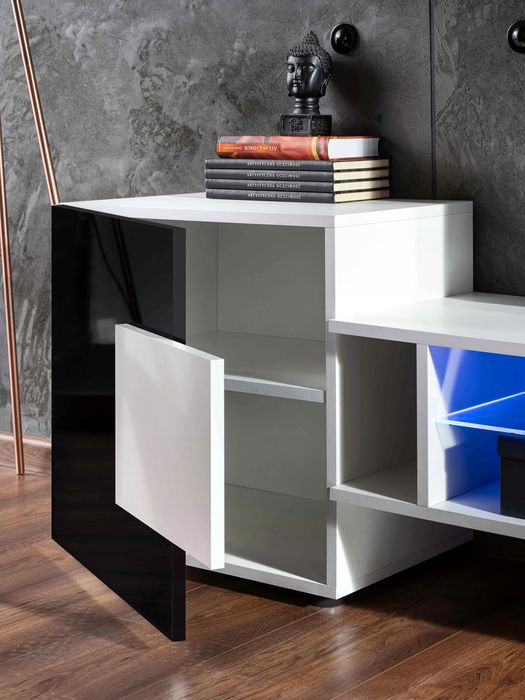 Pan Igiełka Szafka RTV LED Połysk Mat Czarny Biały Dąb Wotan Loft