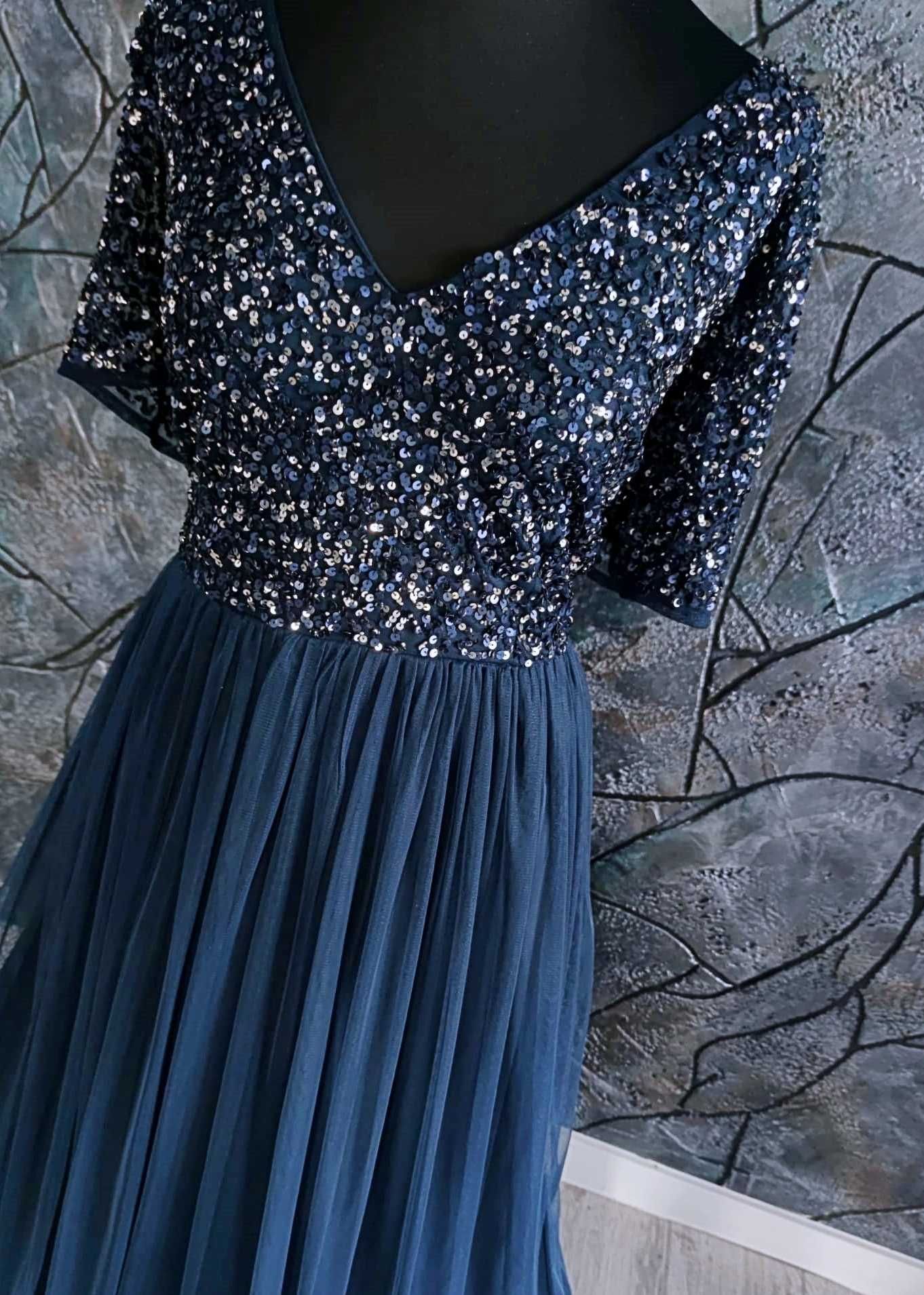 balowa suknia wieczorowa wizytowa cekinowa rozmiar xl 42 tiulowa długa