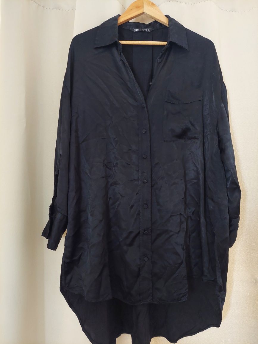 Koszula długa czarna ZARA wiskoza oversize tunika letnia na guziczki