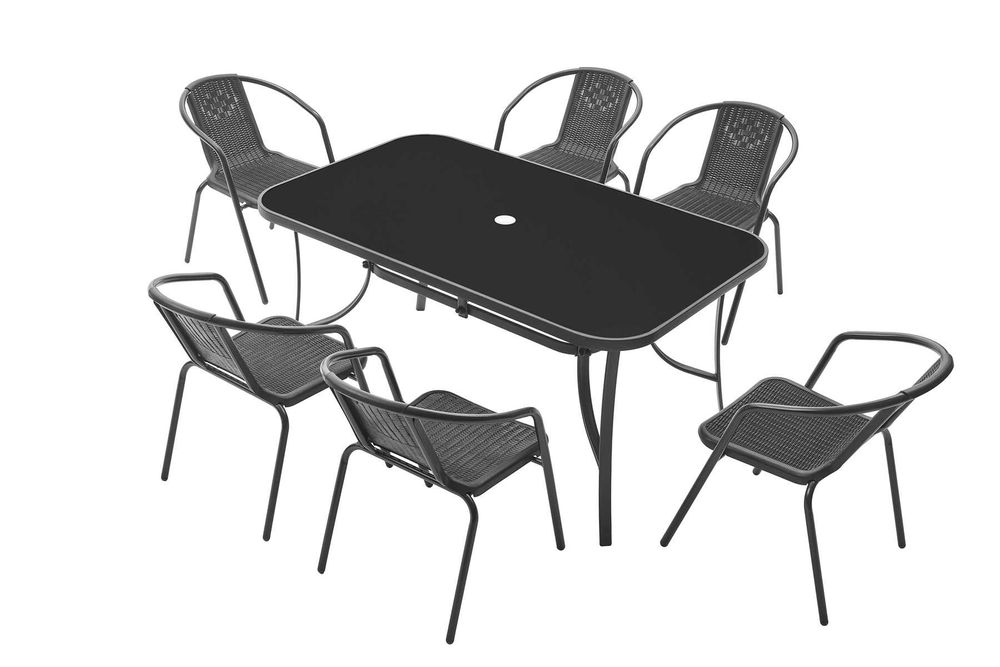 Nowoczesny zestaw ogrodowy z 6 krzesłami i szklanym stołem 150cm