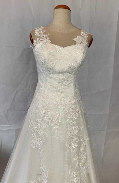 Luksusowa nowa suknia ślubna 38 M koronka francuska księżniczka ivory
