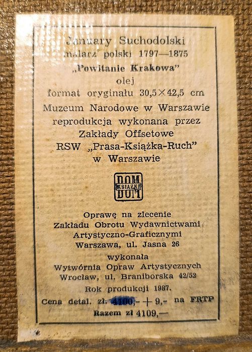 Obraz "Powitanie Krakowa" Suchodolski. Oleodruk na dykcie.