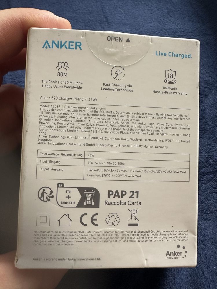 NOWA ZAPLOMBOWANA!!Anker 523 Ładowarka 47W 2x USB-C do Samsung Macbook
