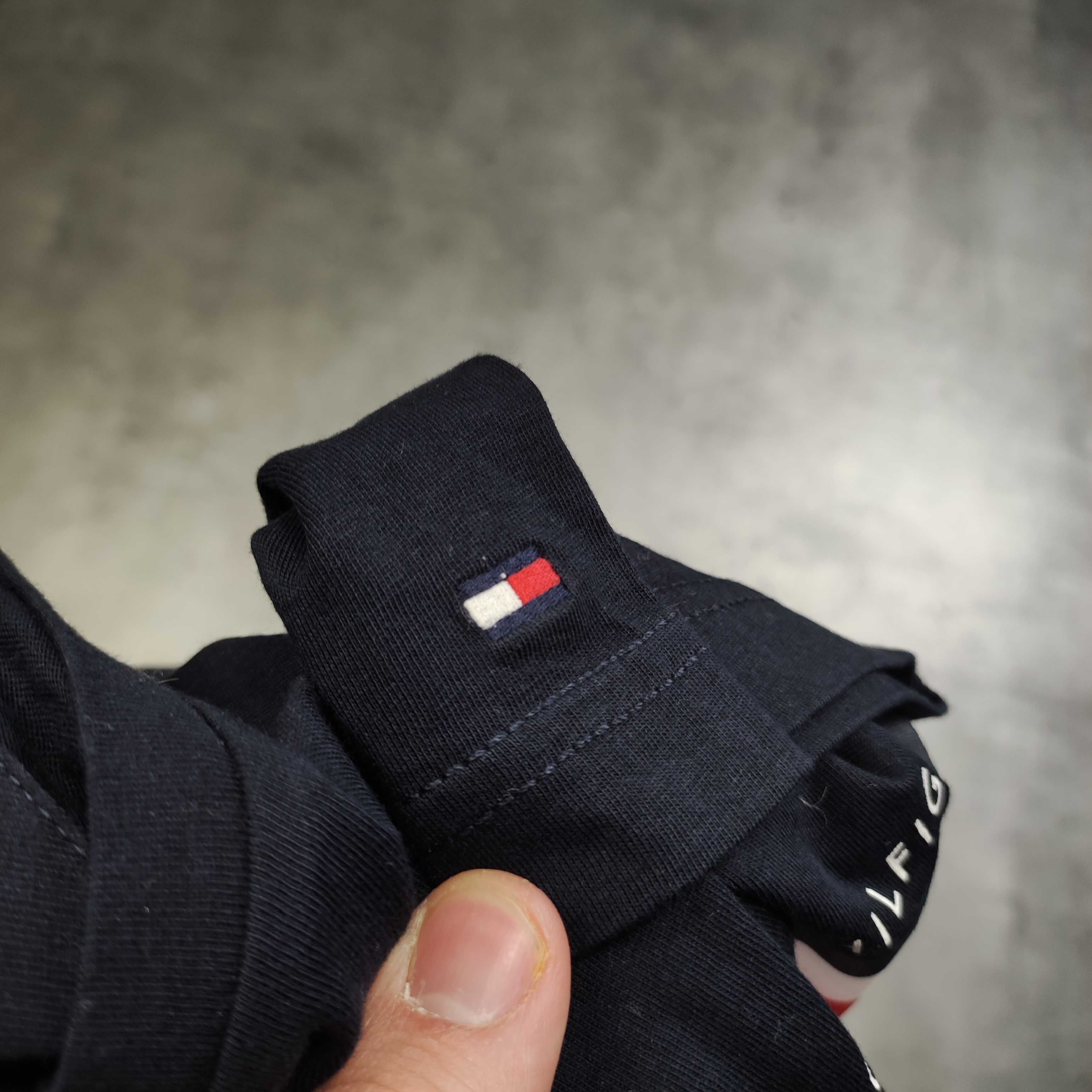 MĘSKA Koszulka Elegancka Granatowa Duże Logo Paski Tommy Hilfiger Haft