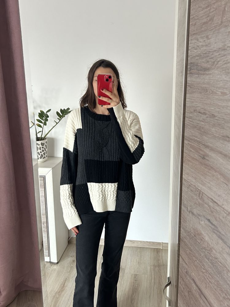 Sweter czarny grafit patchwork bawełna wełna French Connection