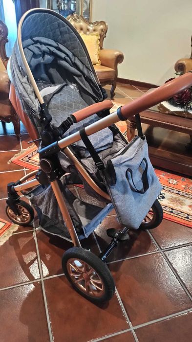 Carrinho de bebé 3 em 1 (Alcofa, ovo e cadeira), cinza e rosen gold