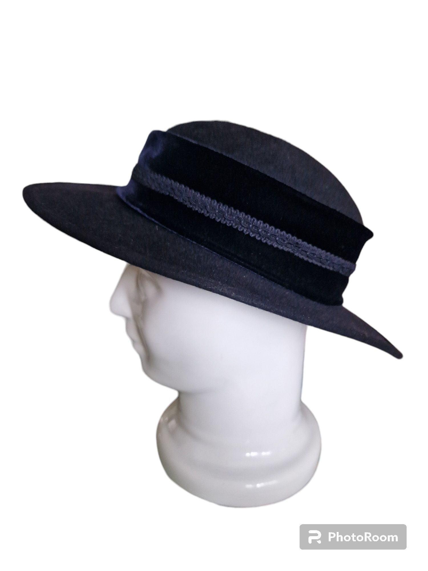 Granatowy wełniany kapelusz kokarda szerokie rondo