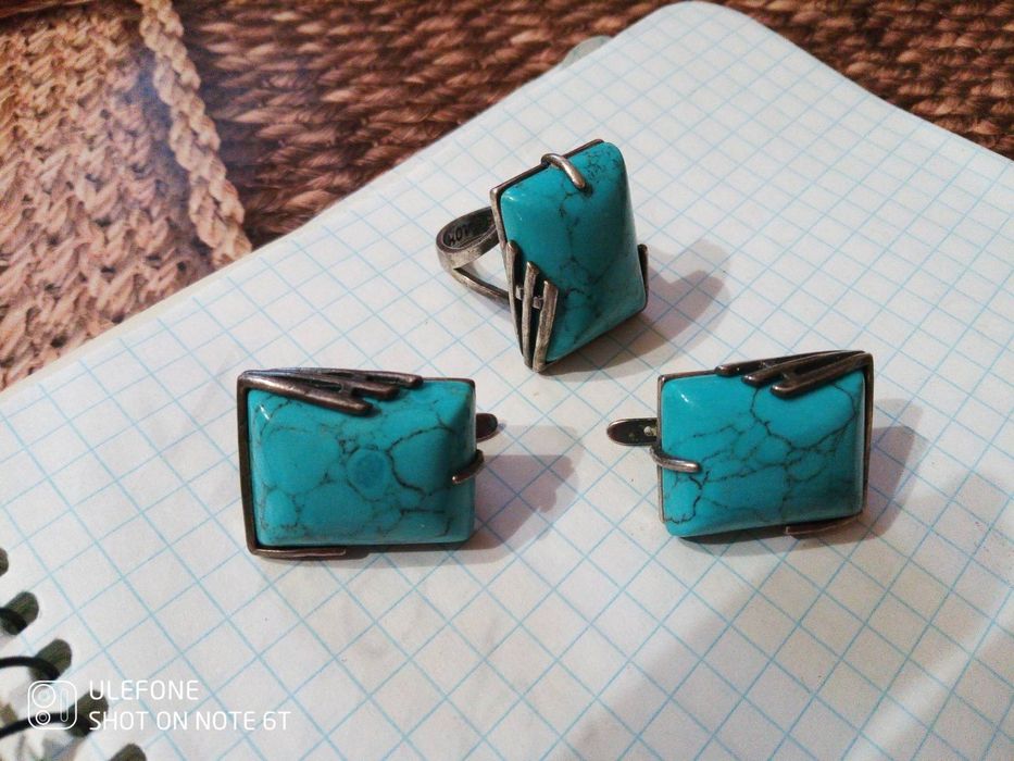 Срібний набір з бірюзою натуральною, 925 проба, крупний