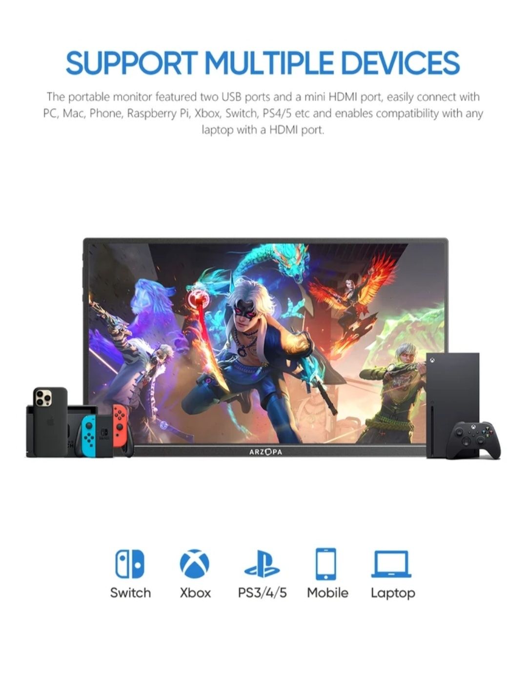 Портативний монітор Arzopa A1 15.6 дюйма, HDR, PS5 / Xbox / TV box