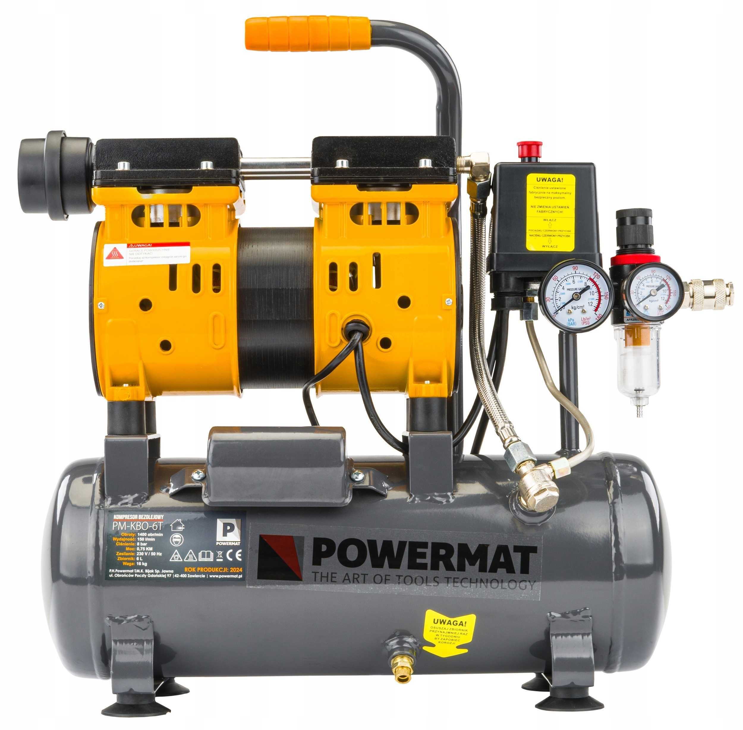 Kompresor bezolejowy 6L SPRĘŻARKA 8BAR 150l/min 230V separator CICHY