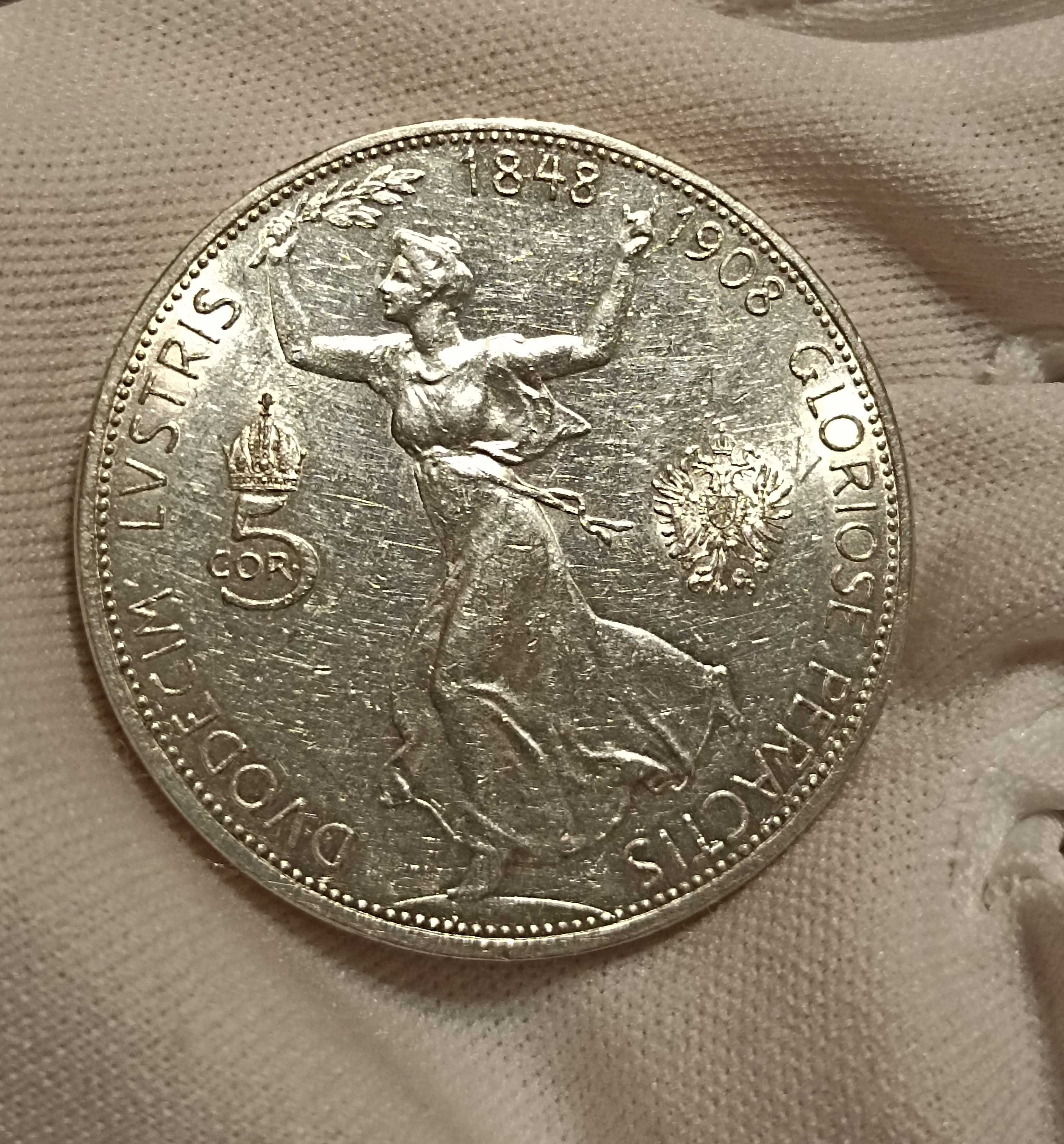 Старинная серебряная монета 5 крон 1908 Ника - Австро-Венгрия 5 корон