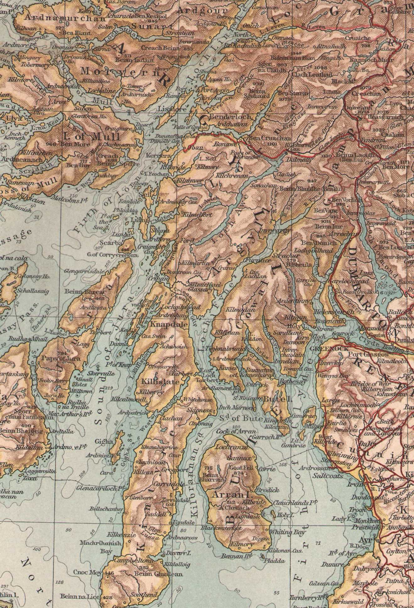 Szkocja. Duża efektowna mapa 1898 r. autentyk