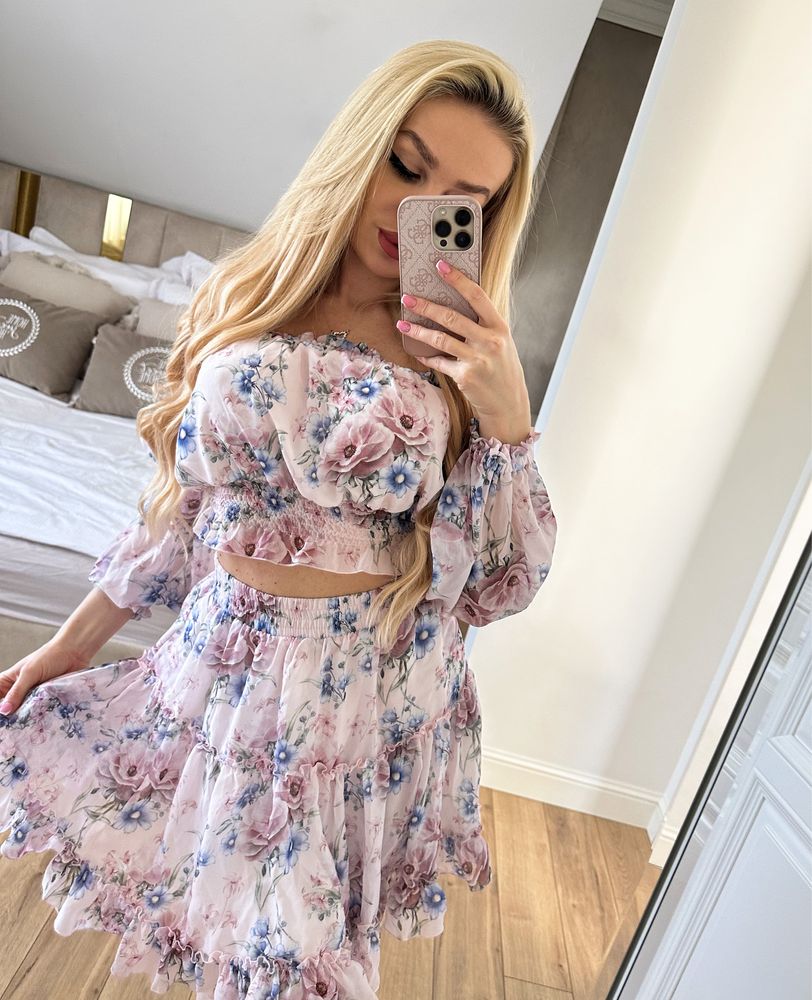 Komplet w kwiaty bluzka top hiszpanka + spódniczka La Perla rozmiar S