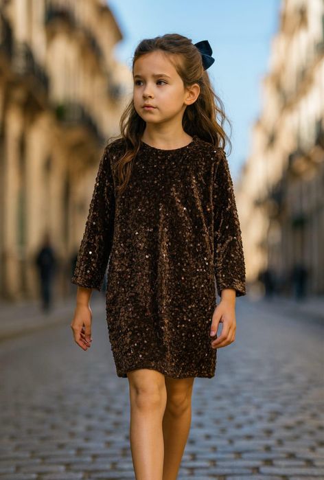 Nowa cekinowa sukienka brązowa z kokardą 146/152