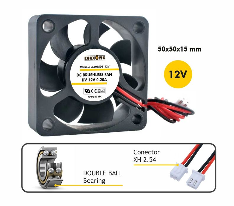 Ventilador 12V 50x50x15 mm Rolamento Duplo para Rcom