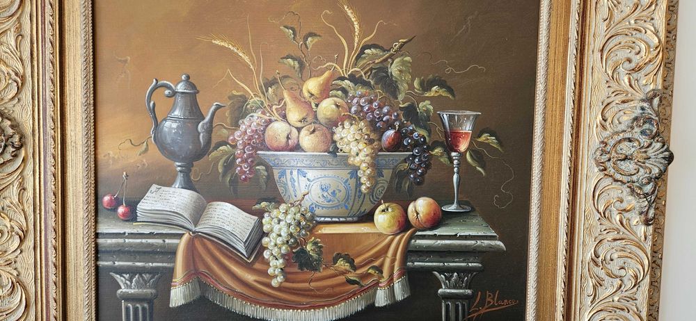 Pintura a óleo em tela de natureza morta - L. Blanco