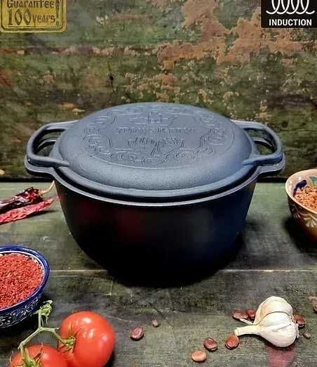 Чугунный казанок / кастрюля / котелок на 6 л с крышкой - сковородой